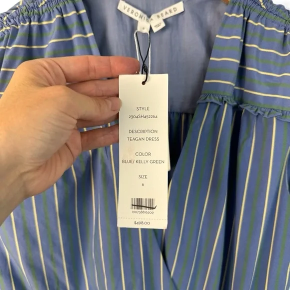 NWT Veronica Beard Teagan Stripe Ruched V-Neck Midi Dress Blue Size 6 Side Slit - Picture 7 of 16